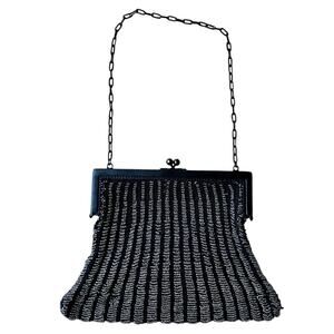 Antique 1920s Micro Beaded Flapper Purse Navy Blue Glass Art Deco Kiss Lock Bag